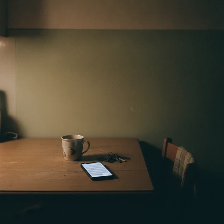 Tisch mit einer Tasse und einem Telefon in einem abgedunkelten Raum